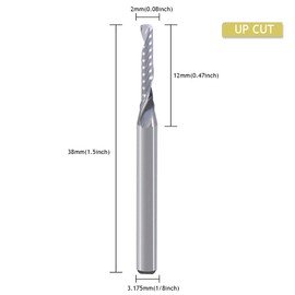CNC Router Bits, Engraving Bits, End Mill, Single-Flute Spiral, Upcut Router Bit, 3.175 mm Shank, 2 mm Cutting Diameter, 12 mm Cutting Length, Tungsten Steel, Engraving, Carving Tool Set for MDF