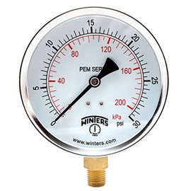 Winters 4 inch Dial Size, Multi Function Economy Utility Dry Pressure Gauge, Brass Internals, Steel Case, Dual Scale 0-30 psi/kPa, 3-2-3% Accuracy, 1/4 inch NPT Bottom, Glass Lens, Pressure Gauge