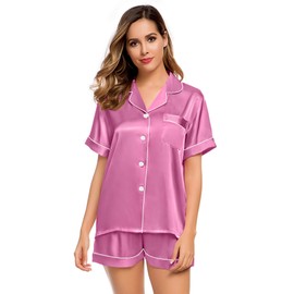 LecGee Womens Silk Satin Pajamas Short Sleeve Loungewear Two-Piece Sleepwear Button-Down Pj Set Mauve Pink Medium