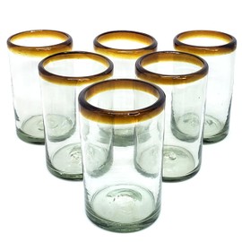 MexHandcraft Amber Rim 14 oz Drinking Glasses (set of 6), Recycled Glass, Lead-free, Toxin-Free (Drinking)