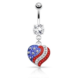 Pierced Owl Crystal Paved American Flag USA Heart Dangle Belly Button Navel Ring
