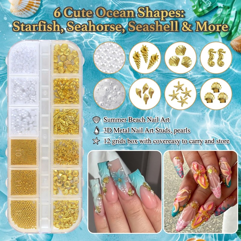 3D Beach Nail Charms Golden Seashell Tropical Ocean Pearls Beads