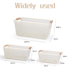 Wire Metal Mesh Basket Organizer with Wooden Handle, Large, Medium, Small, Suitable for Kitchen, Bar, Living Room, Bathroom, etc. Storage and Organization (White) 3pcs