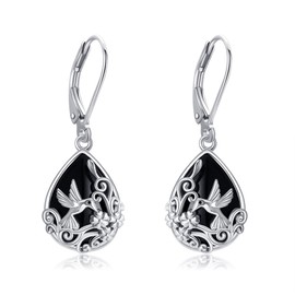 Hummingbird Earrings 925 Sterling Silver Black Onyx Dangle Drop Earrings Filigree Hummingbird Jewellery Gift for Women Girls