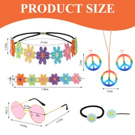 LIUQOBN 9 Pcs Hippie Women Accessories Set,70s Fancy Dress Women Accessories Include Headband,Hair Clip And Hair Tie And Wristband,Pink Round Retro Sunglasses,Peace Sign Necklace And Earrings