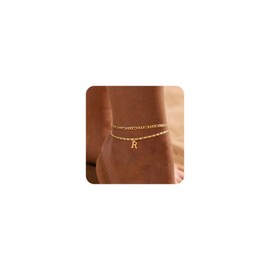BERISO Initial Ankle Bracelets for Women 14k Gold Plated Waterproof Layered Figaro Chain Letter Initial Anklets Set Anklets for Women Adjustable Size Jewelry Gifts (Letter R)