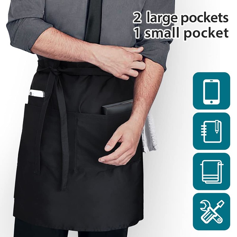 ROTANET Long Server Apron Black with 3 Pockets Bistro Half