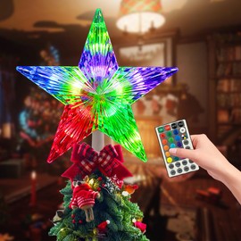 Christmas Tree Topper, FISHOPE LED 24 Modes Color Changing 9.5" Christmas Tree Toppers Star Lighted, Remote Controller Multicolor Christmas Decorations USB Powered for Xmas Holiday Party Gift Décor