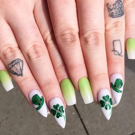 BYNYTO 24pcs St. Patrick's Day Press-on Nails, Green Glitter Gradient, Almond Shape, Acrylic False Nails with Clover Design, Medium Size