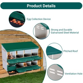Chicken Nesting Box With 8 Compartments - Roll Away Laying Boxes for Hens, Lid Cover for Chicken Coop, Green