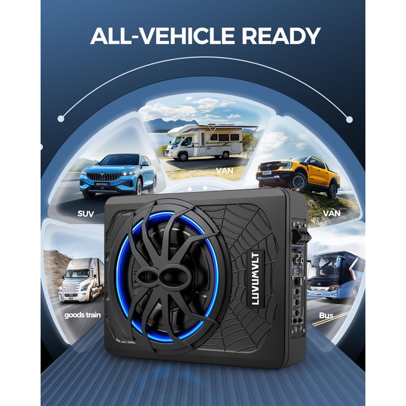 LUVUMVLT 1200W 10" Car Subwoofer, Slim Under Seat Powered Subwoofer