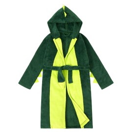 LOLANTA Kids Robe Boys Girls Dinosuar Plush Fleece Hooded Bathrobe with Belt Animal Soft Sleepwear(Dark Green,S/5-6Y)