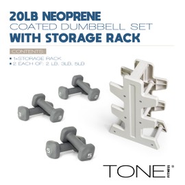 Tone Fitness 20 LB Neoprene Dumbbell Set with Storage Rack – Non-Slip, Anti-Roll Hand Weights for Home Gym Workouts - Gray
