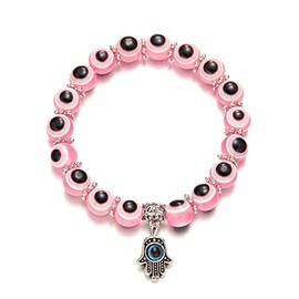 Lucky Evil Eye Bracelets Set Colorful Turkish Amulet Hamsa Evil Eye Beaded Charm Stretch Elastic Bracelet for Women Men-Pink