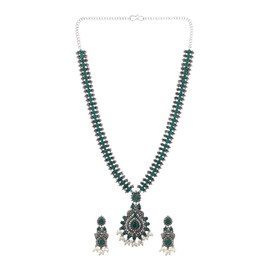 Efulgenz Indian Oxidized Jewelry Indian Jewelry Sets for Women Peacock Floral Antique Boho Green Crystal Stone Necklace Sets with Faux Pearl Drop Dangle Earrings Choker Necklace Earrings Set Bohemian Jewelry Set for Women