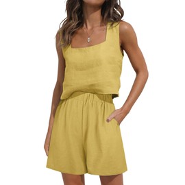 ROYLAMP Women's Summer 2 Piece Outfits Sleeveless Square Neck Crop Tops High Waisted Shorts Set Romper with Pockets Ginger Yellow XL