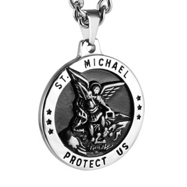 HZMAN Saint Michael Necklace for Men Stainless Steel Retro Archangel Round Medal Pendant Necklace Jewelry Gift