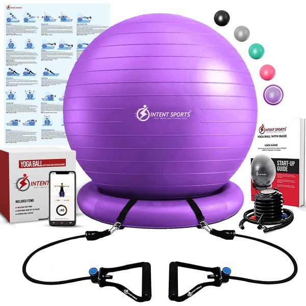 INTENT SPORTS Yoga Ball Chair – Stability Ball with Inflatable Stability Base & Resistance Bands, Fitness Ball for Home Gym, Office, Improves Back Pain, Core, Posture & Balance (65 cm) (Purple)