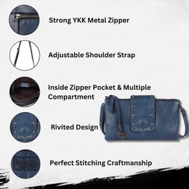 9.5 inch Genuine Italian Leather Boho Studded Crossbody Sling Bag - Stylish, Durable, & Perfect for Everyday Use for women (Navy)