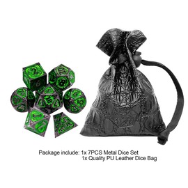 Haxtec Metal Dice Set Green Black Dragon Pattern Metal DND Dice with Leather Dice Bag Polyhedral D&D Dice for Dungeons and Dragons TTRPG Gifts