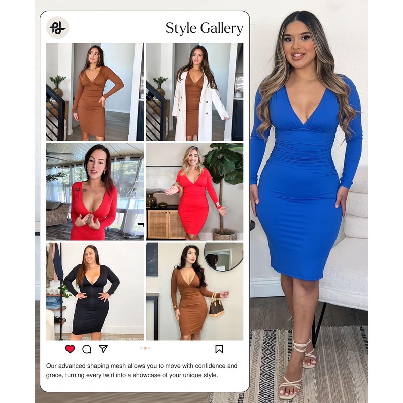 Popilush Red Long Sleeve Bodycon Dress Shapewear Dress V Neck