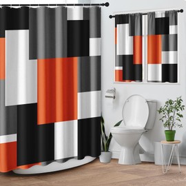 Culudea Geometric Orange White Shower Curtain Set, Black and Gray Modern Bathroom Window Waterproof Shower Curtain Set for Bathroom Decor