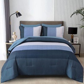 Navy Blue Comforter Set King, Reversible Navy Blue Striped Down Alternative Comforter for King Bed,3 Pieces (1 Comforter+2 Pillowcases), Soft Microfiber Bedding Duvet Set 104"×90"