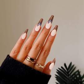 Bufenia 24 Pieces Square Press on Nails Butterfly Leopard Crystal False Nails Yin Yang Flame French Ballerina Fake Nails Matte Long Acrylic Art Nails for Women and Girls (C)