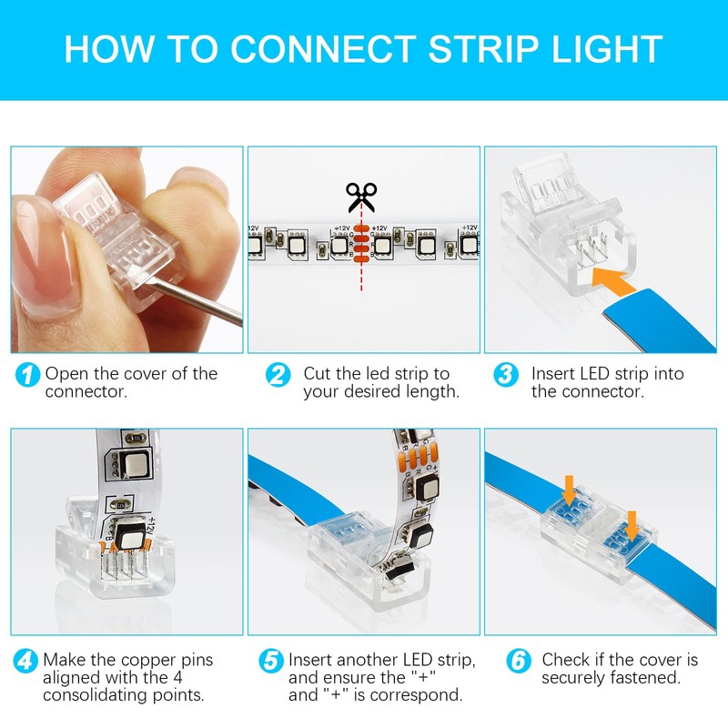 RGBZONE 10Pcs 8mm 4 Pin LED Connectors, Strip to Strip
