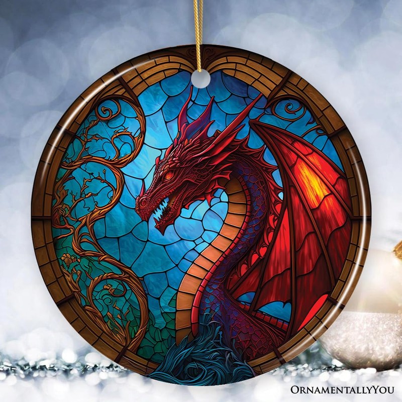 Fierce Dragon Stained Glass Style Ceramic Ornament, Unique Goth Tree