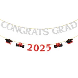 Congrats Grad 2025 Banner,Silver&Red Glitter Graduation Ceremony Decorations Graduating Student Graduation Party Supplies Classroom Bunting Banner