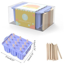 Bticx Popsicle Molds, Reusable 12-Cavity Ice Lolly, Silicone Ice Cream with Lids and 50 Wooden Sticks Kitchen Supplies for DIY Popsicle