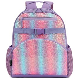 FlowFly Kids Backpack for Toddler Boys Girls, Simple Lightweight Bookbag for Daycare Kindergarten Elementary School Travel, Small Modern Bag (Medium 15''), Purple#Glitter