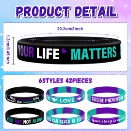 JUNEBRUSHS 42pcs Suicide Prevention Awareness Silicone Bracelets Purple Teal Ribbon Inspirational Motivational Rubber Wristbands for Suicide Prevention Awareness Favor Charity Campaign Supplies