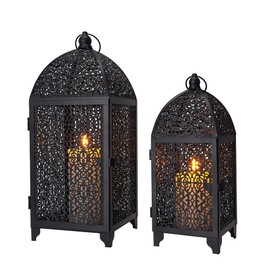TRIROCKS Juego de 2 faroles Decorativos clásico de 12 Pulgadas y 16.5 Pulgadas de Alto Metal portavelas Colgante con patrón Hueco para Sala de Estar, Interiores y Exteriores (Oscuro)