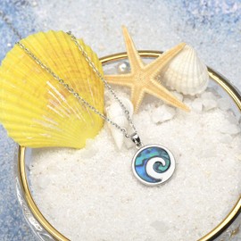 Lauren-Spencer Ocean Wave Necklace for Women, Abalone Shell Pendant Beach Necklaces Ocean Charm Circle Necklace for Women Summer Hawaiian Necklace Surfer Jewelry Gifts (Style D)