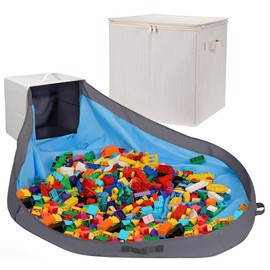 SAM AND MABEL Toy Storage Organizer with Play Mat for Kids – 13" x 13" x 13" Stackable and Foldable Cubby Box Nursery Organizers, Storage Bins with Lid for Playroom (Cream Bamboo)