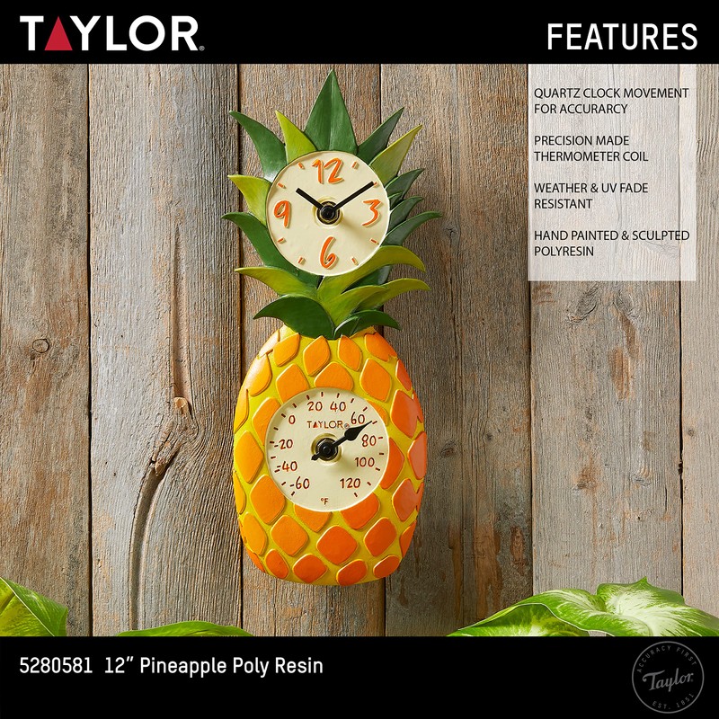 Taylor Pineapple Poly Resin Indoor and Outdoor Clock and Thermometer,