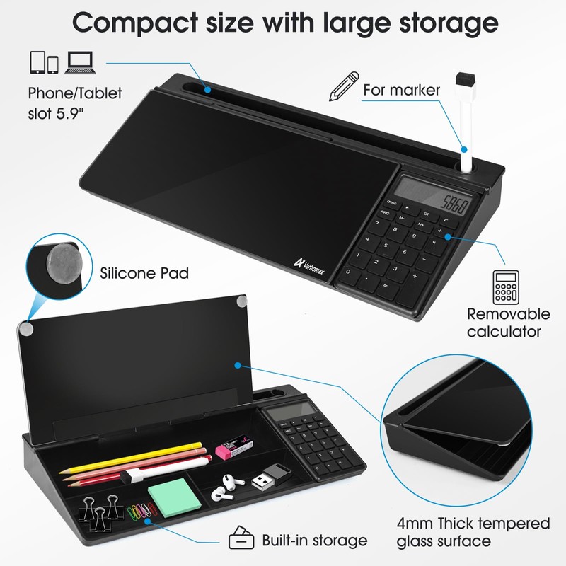 Varhomax Glass Desk Whiteboard Gray with Calculator, Desktop Organizer Dry
