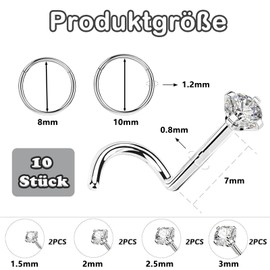 Pack of 10 Nose Piercing Plugs, Nose Ring Silver Nose Stud Piercing Nostril Piercing Nostril Piercing Nose Piercing Stud Zirconia Nose Piercing Plug Suitable for Men and Women, Synthesis, Synthesis