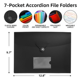 Accordian File Organizer 7 Pocket Expanding File Folder with Labels, Plastic Expandable File Folder for Documents Letter Size A4 Papers - 7-Pack Black