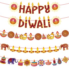 Lonfliness 5Pcs Diwali Decorations Banners For Home Happy Deepawali Hanging Banner for Party House Indian Festival of Lights Party Decor Hindu Diwali Greeting Party Supplies with Rangoli Colors Diya