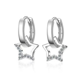 Silver Hanging Star Earrings, Star Earrings, Silver Hanging, Women's Silver 925, Earrings Fashionable Hoop Earrings with Pendant Silver, for Wedding, Engagement, Anniversary, Birthday, Alloy Steel, No