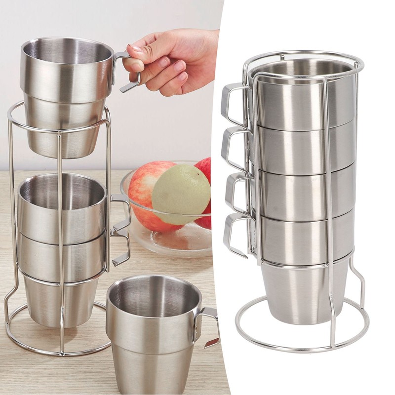 Stainless Steel Camping Cup Set of 4 Double Layer Coffee