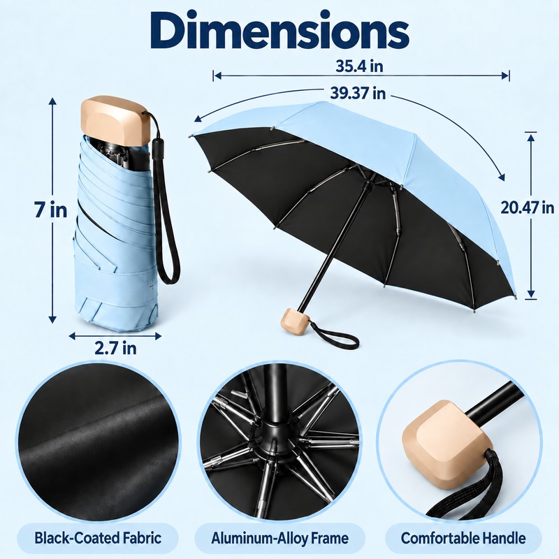 Mini 5-Fold Pocket Umbrella, Compact UV Protection Sun & Rain