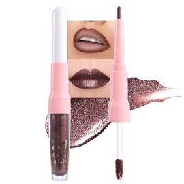 evpct Shimmer Liquid Lipstick Lip Liner Set Combo for Lasting Makeup, Dark Brown Metallic Lips Makeup Sets Dual-ended, Non Sticky Liquid Lipstick with Lipliner High Pigmented Waterproof for Women 11