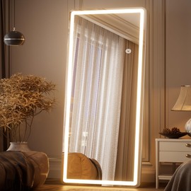 VETROVUE LED Full Length Mirror - 71" x 26" Mirror Full Length with Rounded Corner, Floor Standing for Bedroom/Dressing Room, 3 Color Lighting, White