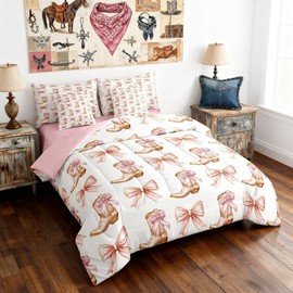 7 Pieces Western Cowgirl Comforter Set Full,Pink Bowknot Cowgirl Boots Rustic Farmhouse Bedding Set,Bow Tie Geometric Patchwork Golden（Comforter+Fitted+Flat Sheet+2 Pillowcases+2 Throw Pillow Covers）