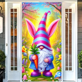 BlissYard Happy Easter Door Cover 71x35 Inches Easter Banner Colorful Floral Bunny Gnome Backdrop Decoration for Spring Summer Front Door Porch Sign Banner Decor