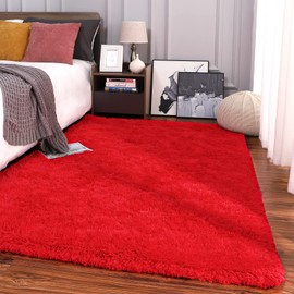 Keeko Area Rugs for Bedroom Living Room, 4x5.3 Fluffy Washable Area Rug Soft Shag Fuzzy Shaggy Carpet Nursery Rug for Dorm Non Shedding Indoor Rugs for Entryway Kids Girls Children Room Decor Red